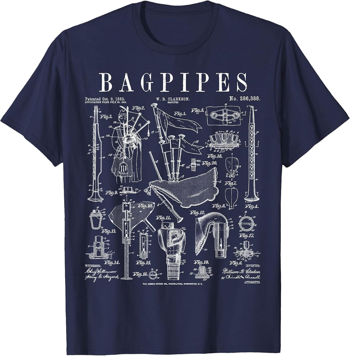 Bagpipes Bagpiper Bagpipe Player Vintage Patent Musician T-Shirt - Navy Blue