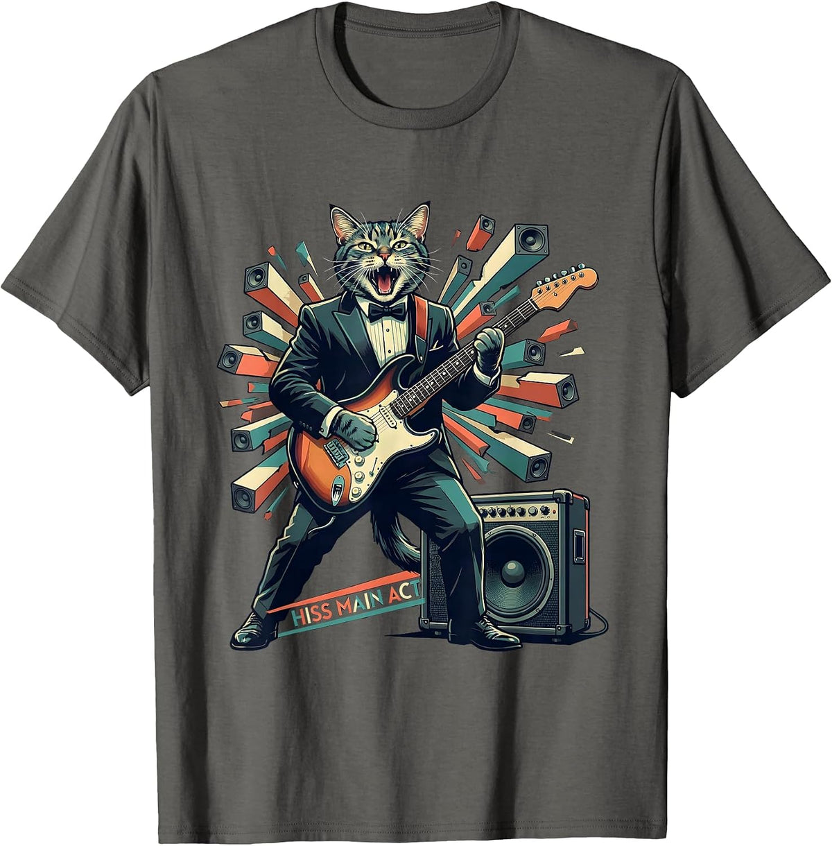 Men's Hiss Main Act Funny Cat Rock Guitarist Cat Lover Gift T-Shirt - Asphalt Grey