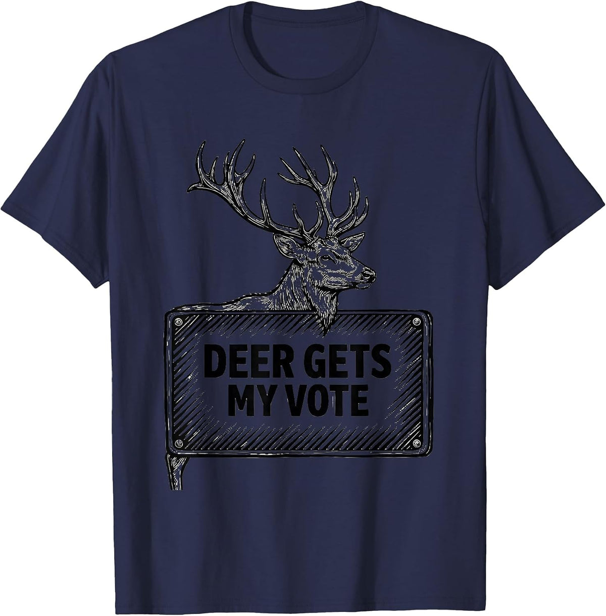 Men's Deer Gets My Vote Funny Outdoor Deer Hunting Camo Humor T-Shirt - Navy Blue
