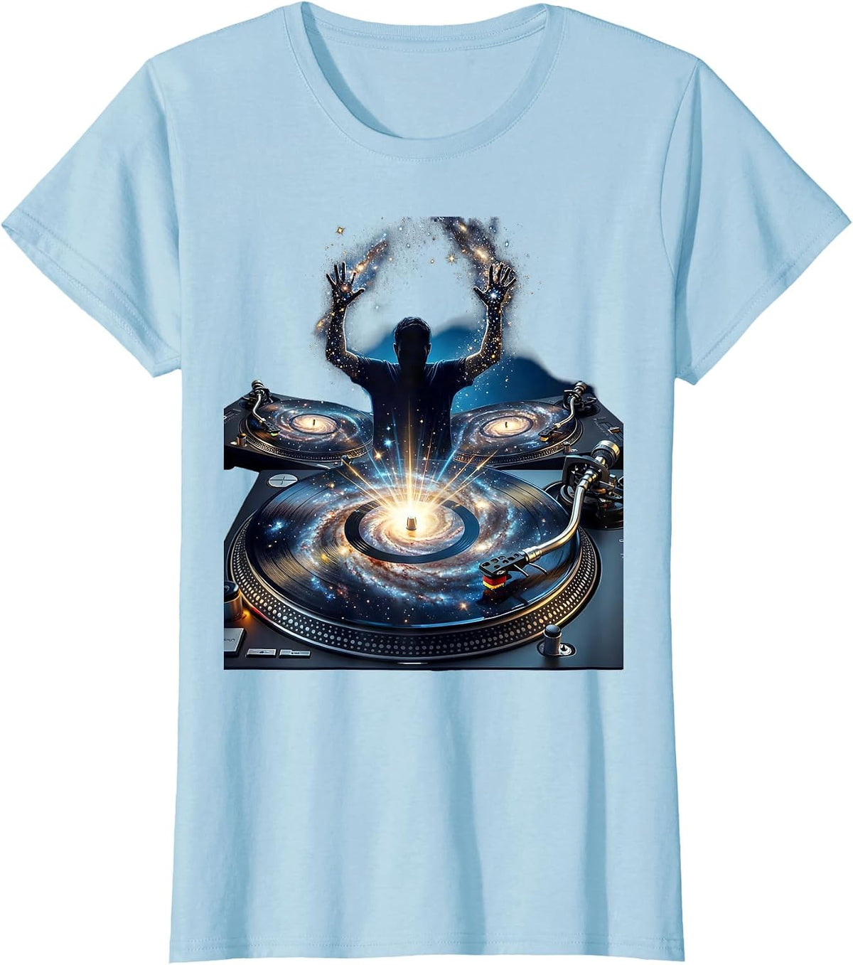 DJ Silhouette Glowing Turntables Rave Graphic T-Shirt - Baby Blue
