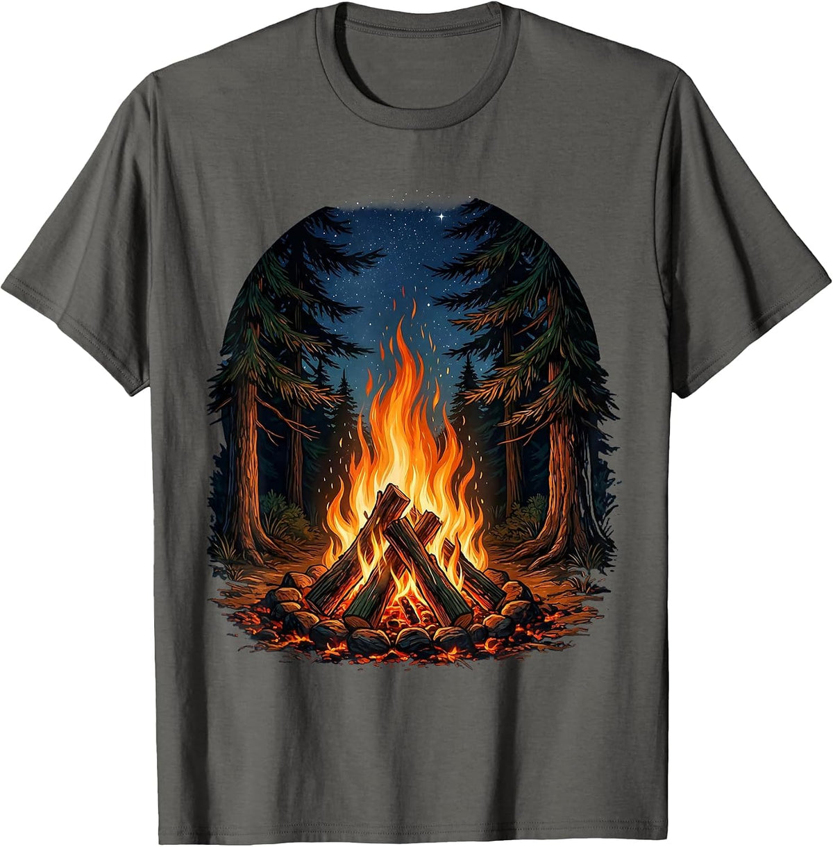 Men's Campfire Night Sky Pine Tree Wilderness Design T-Shirt - Asphalt Grey
