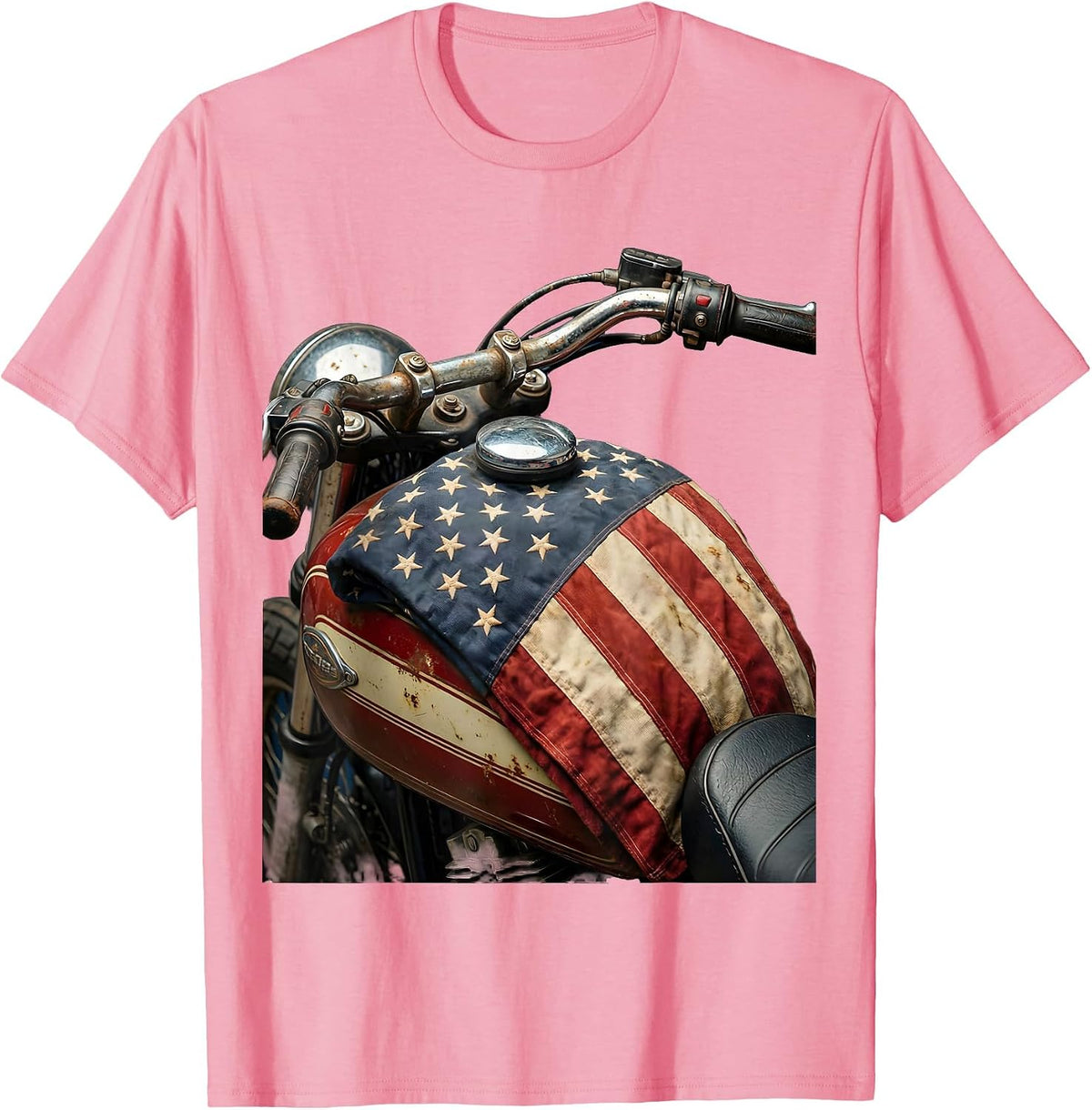 Men's American Flag Draped Motorcycle Gas Tank T-Shirt - Pink