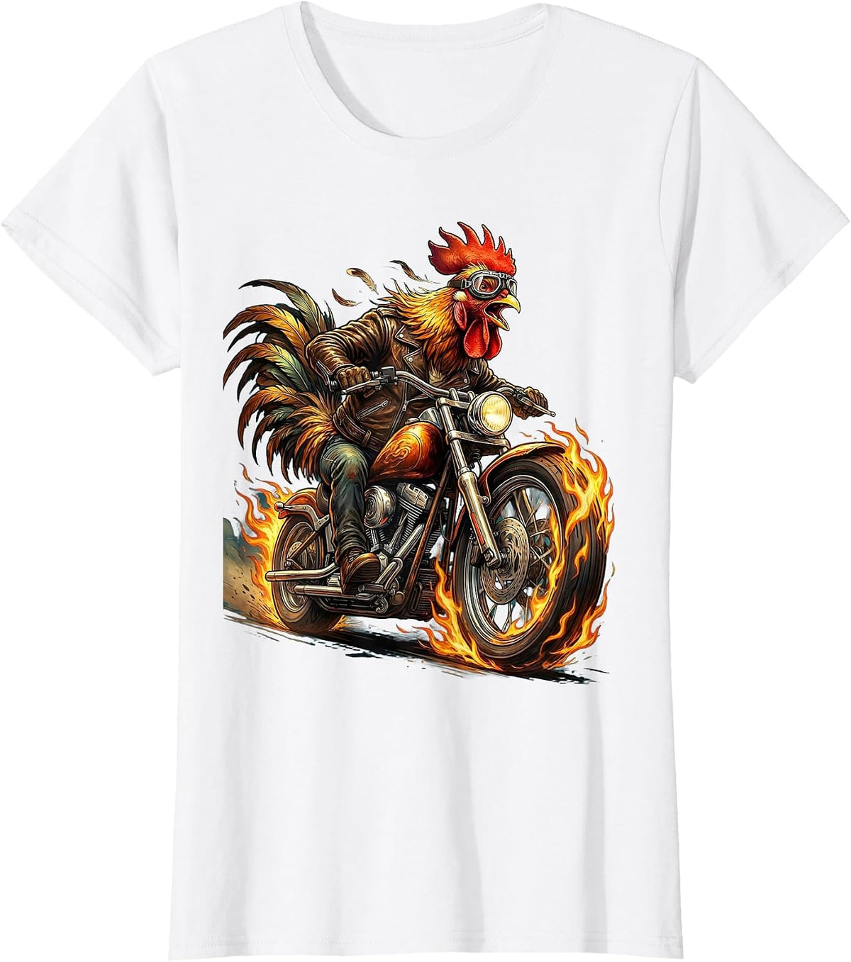 Flaming Motorcycle Chicken Graphic Tee T-Shirt - White