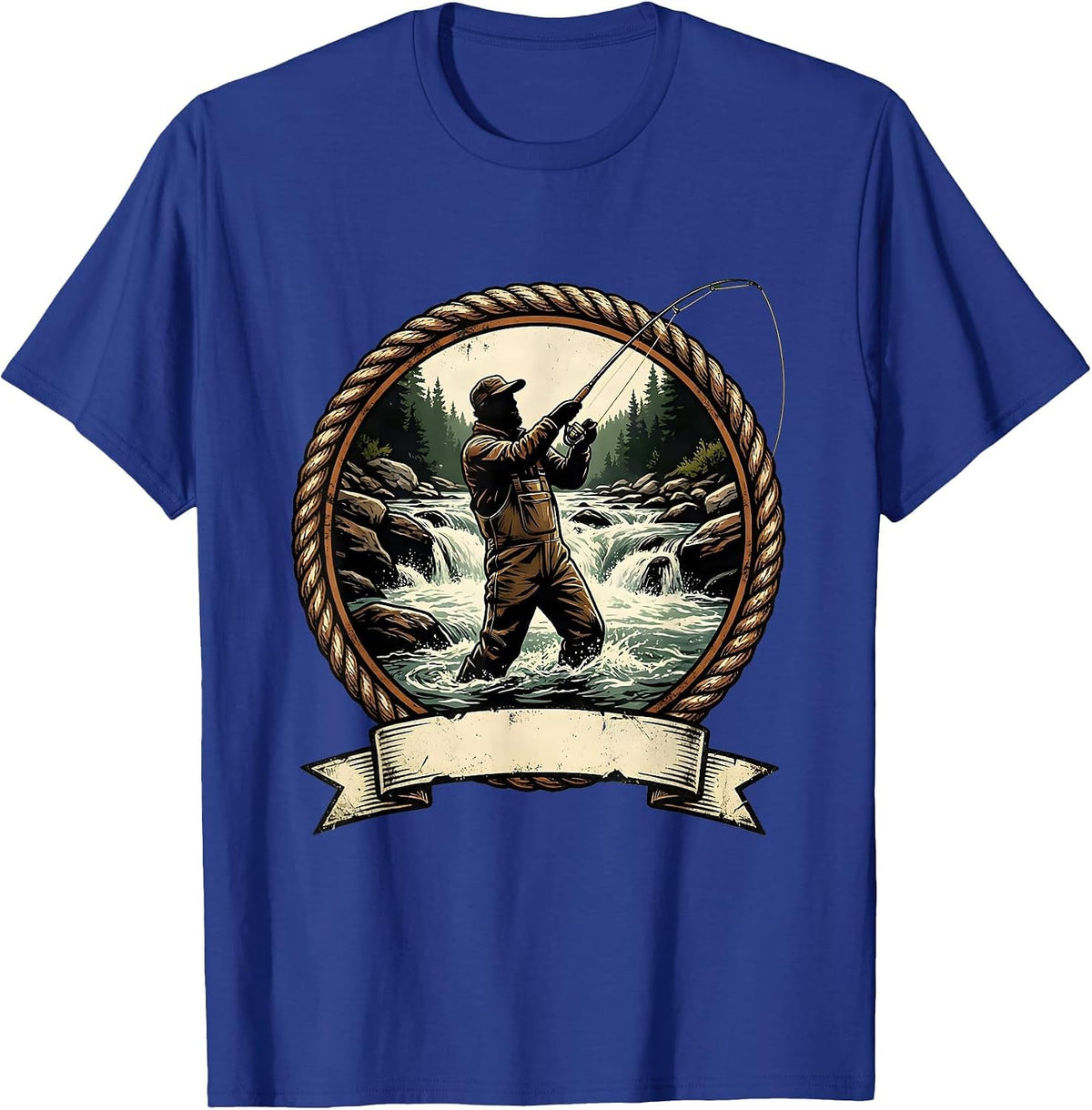 Fly Fishing Waders River Rapids Fisherman Graphic T-Shirt - Royal Blue