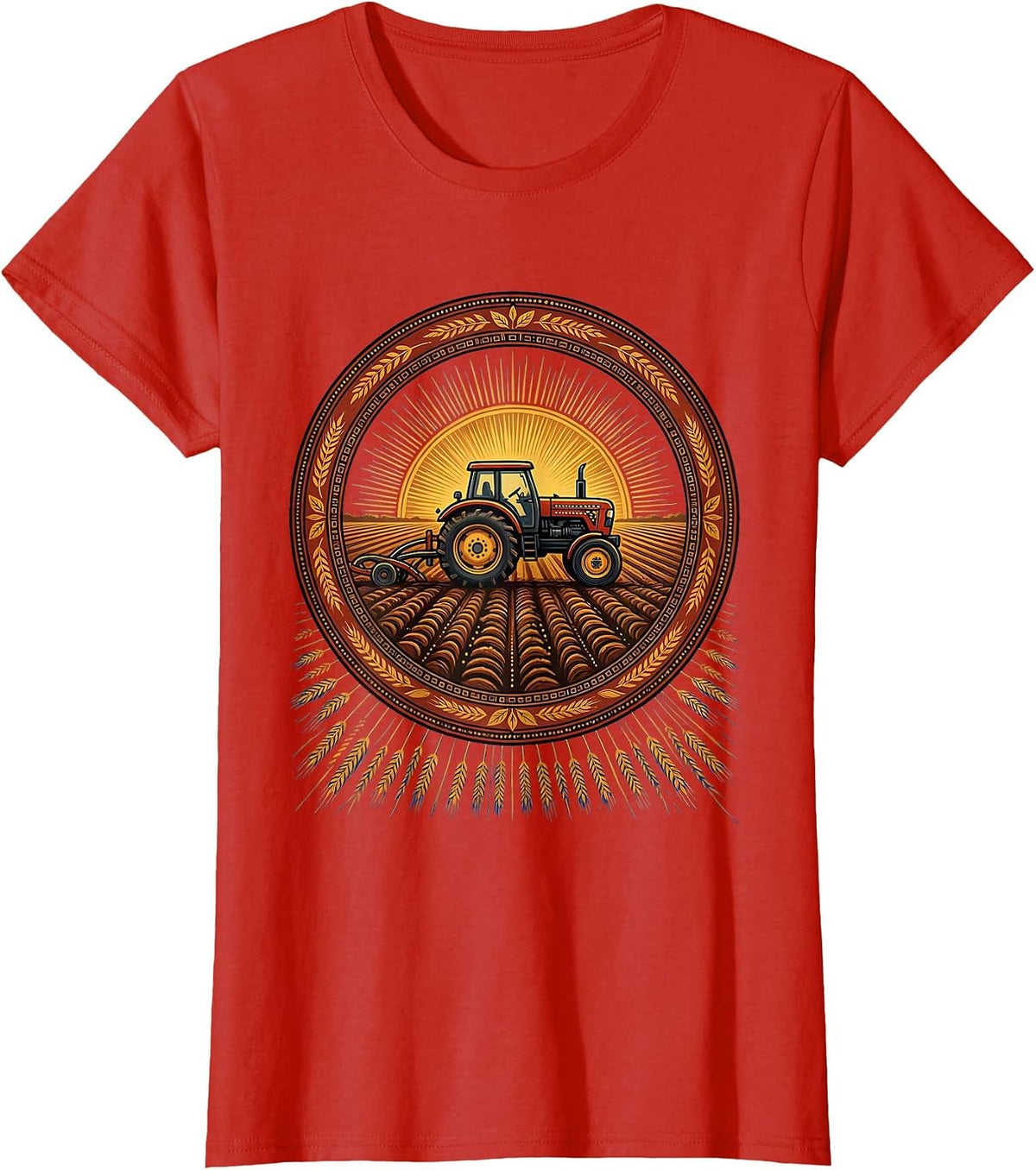 Tractor Plowing Field Open Blue Sky Illustration T-Shirt - Red