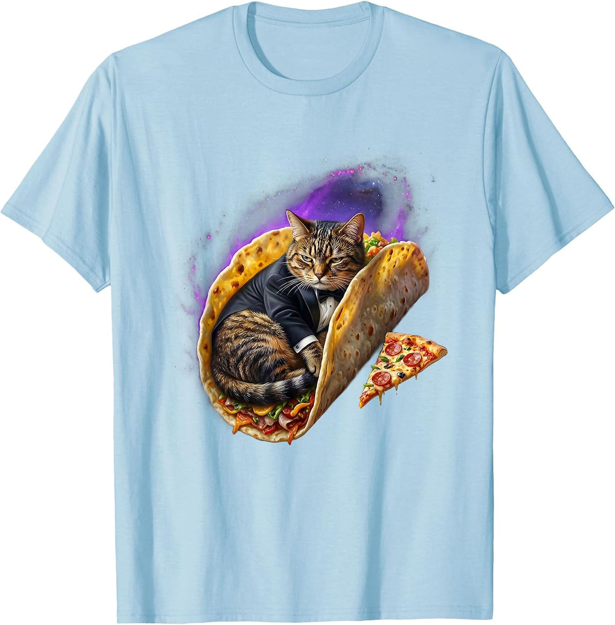 Men's Deadpan Tuxedo Cat In Space Funny Pizza Taco Meme T-Shirt - Baby Blue