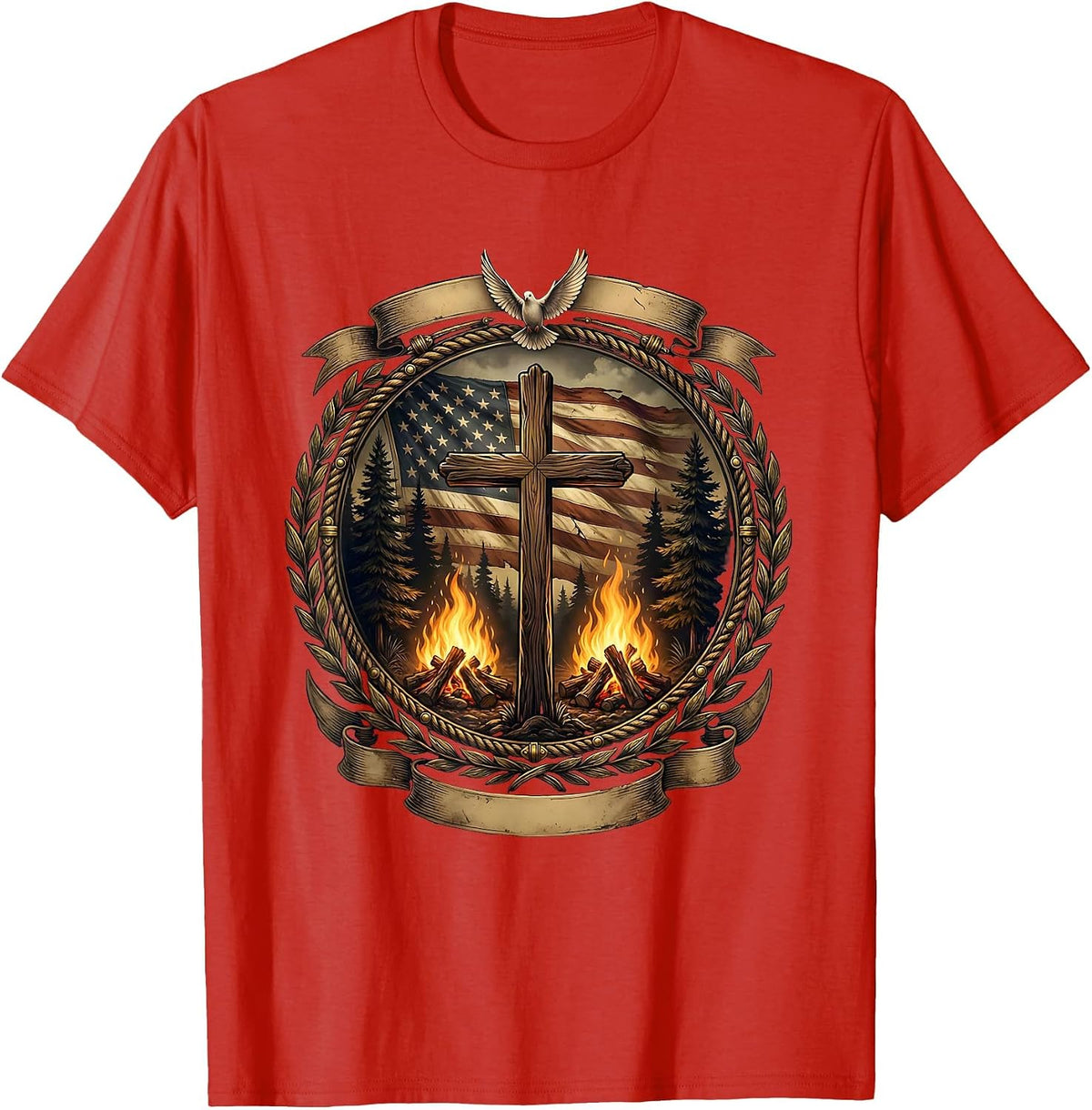 Men's Campfire Pine Trees Night Sky Wilderness Design T-Shirt - Red