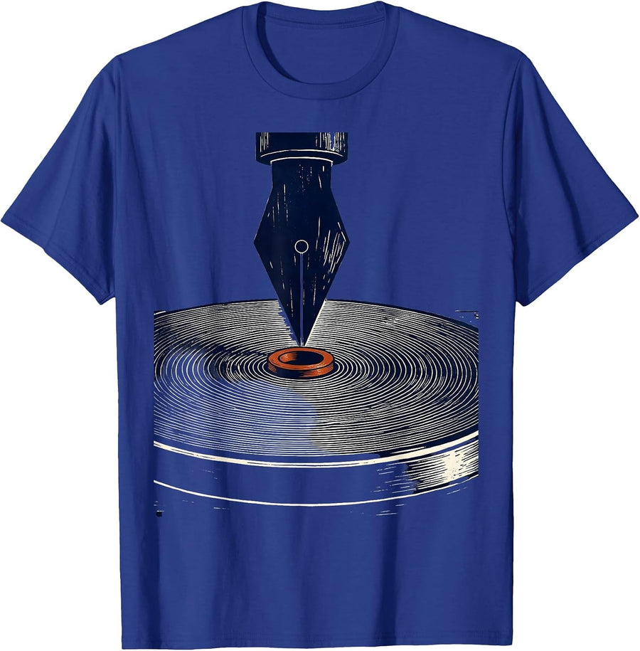 Vinyl Record Groove Silhouette Linocut DJ Enthusiast T-Shirt - Royal Blue