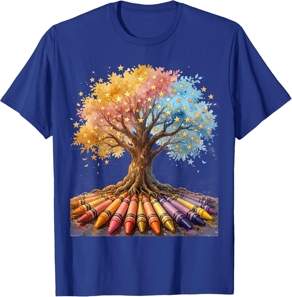 Special Education Teacher Crayon Tree Stars Design T-Shirt - Royal Blue