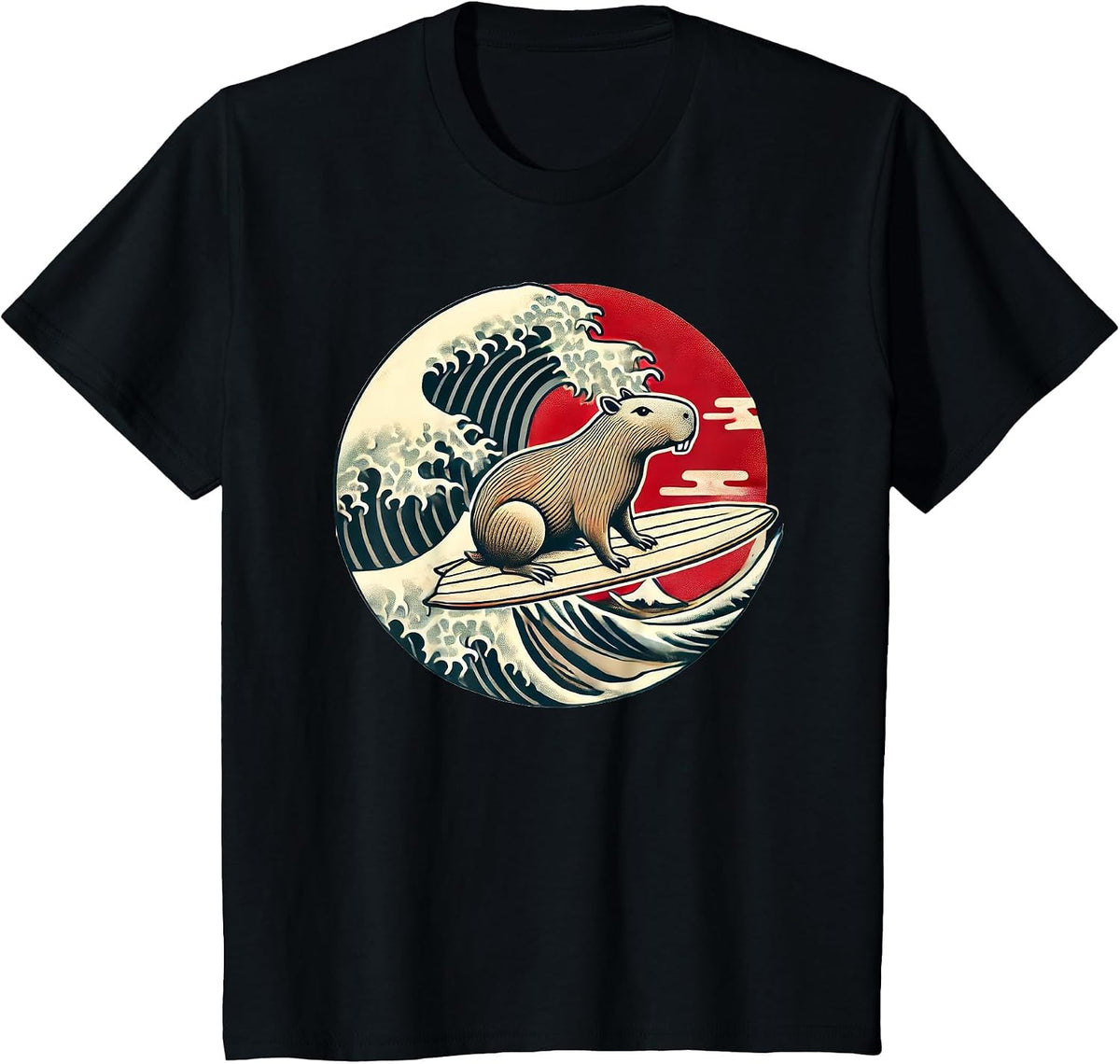 Capybara Japanese Kanagawa Wave Surfing T-Shirt - Black
