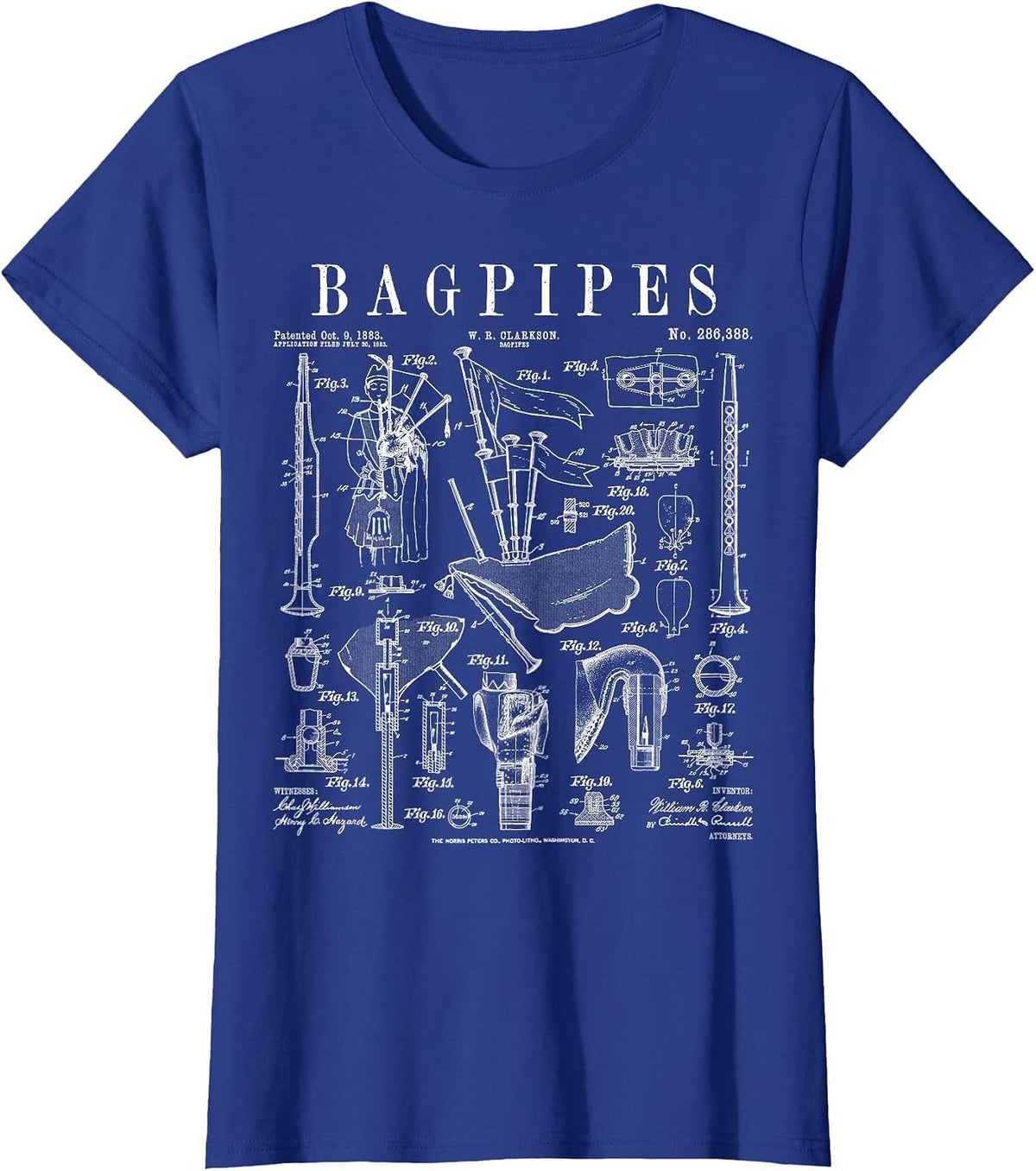 Bagpipes Bagpiper Bagpipe Player Vintage Patent Musician T-Shirt - Royal Blue