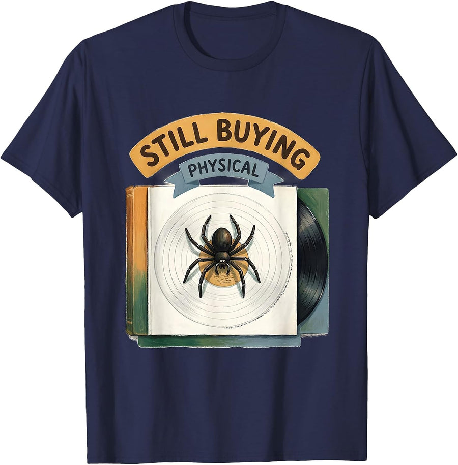 Still Buying Physical Storybook DJ Vinyl Turntable Music T-Shirt - Navy Blue