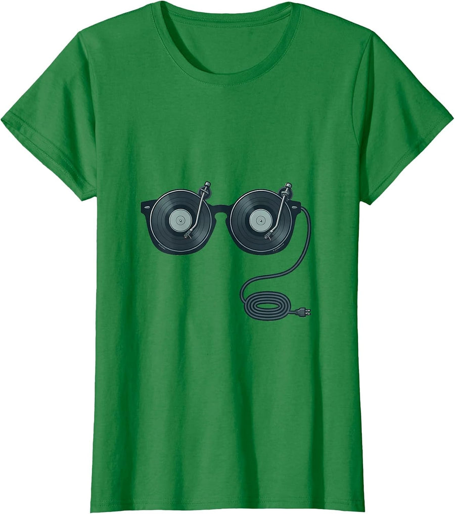 Women's Turntable Glasses Minimalist EDM Rave Music Lover T-Shirt - Kelly Green
