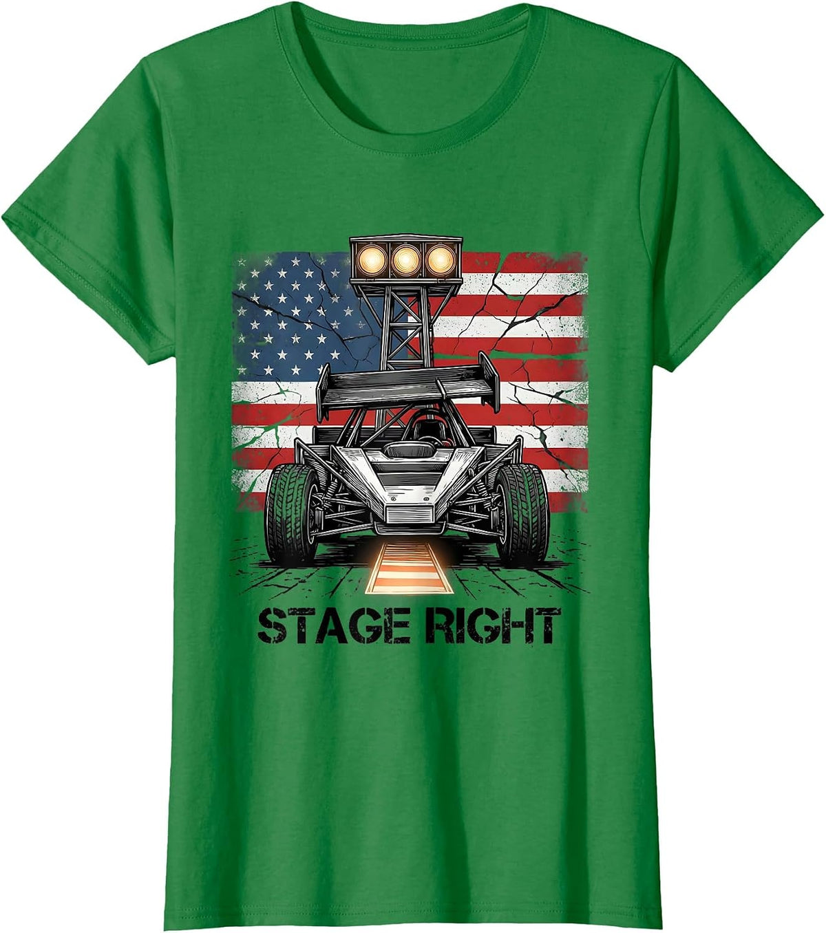 Stage Right Patriotic Sprint Car Racing American Flag RC T-Shirt - Kelly Green