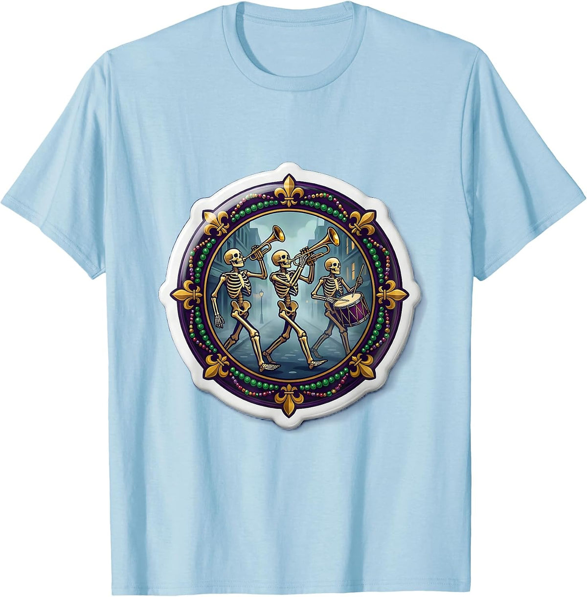 Men's Mardi Gras Jazz Skeleton Band Foggy Street March T-Shirt - Baby Blue
