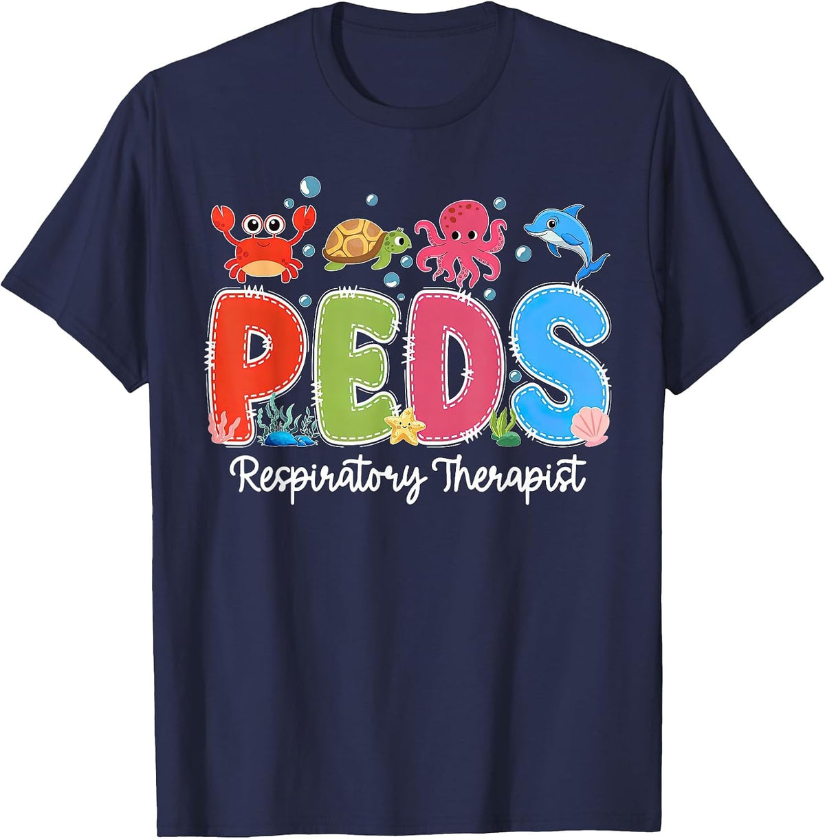 PEDS Respiratory Therapist Ocean Animal Pediatric RT Grad T-Shirt - Navy Blue