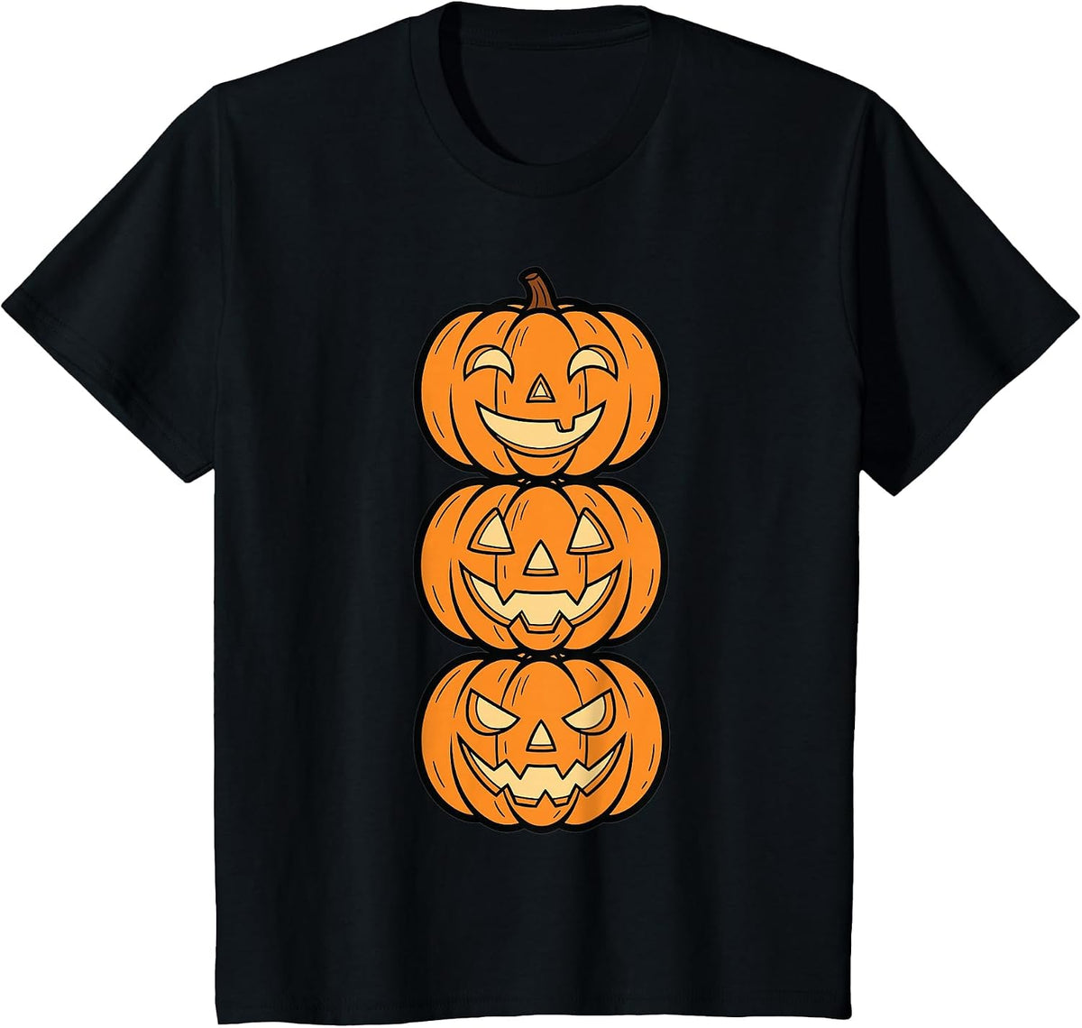Halloween Pumpkin Stack Funny Scary Faces Design T-Shirt - Black