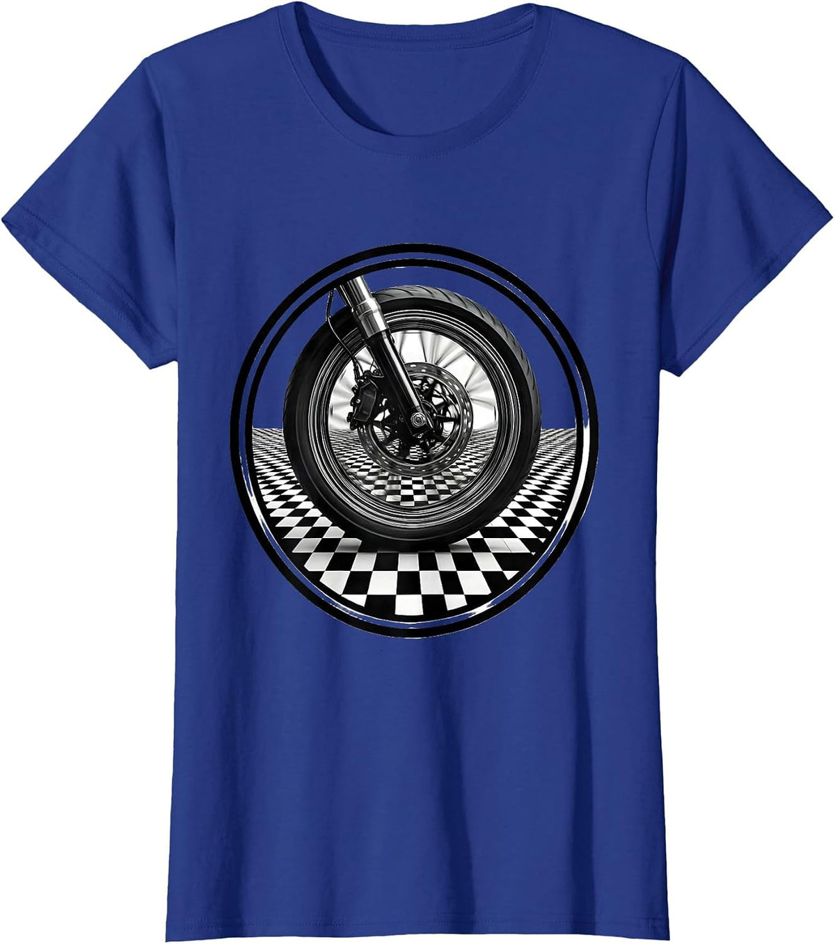 Women's Motorcycle Wheel Black White Checkered Graphic T-Shirt - Royal Blue