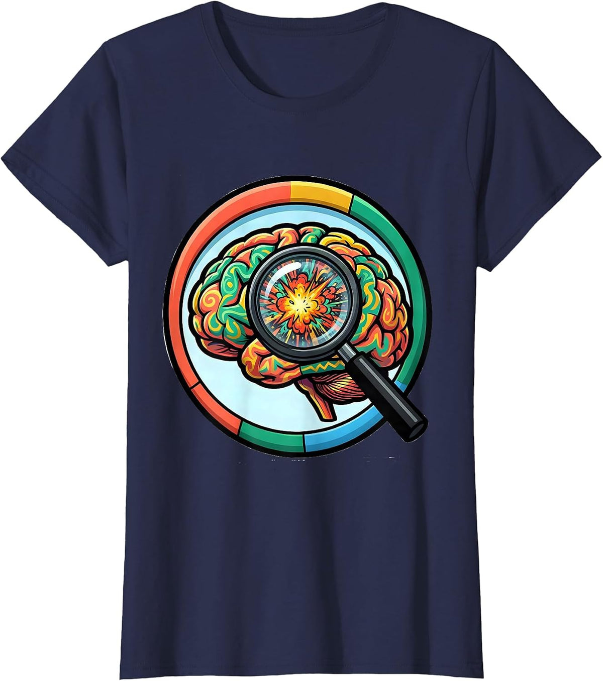 Women's Special Education Colorful Brain Magnifying Glass T-Shirt - Navy Blue