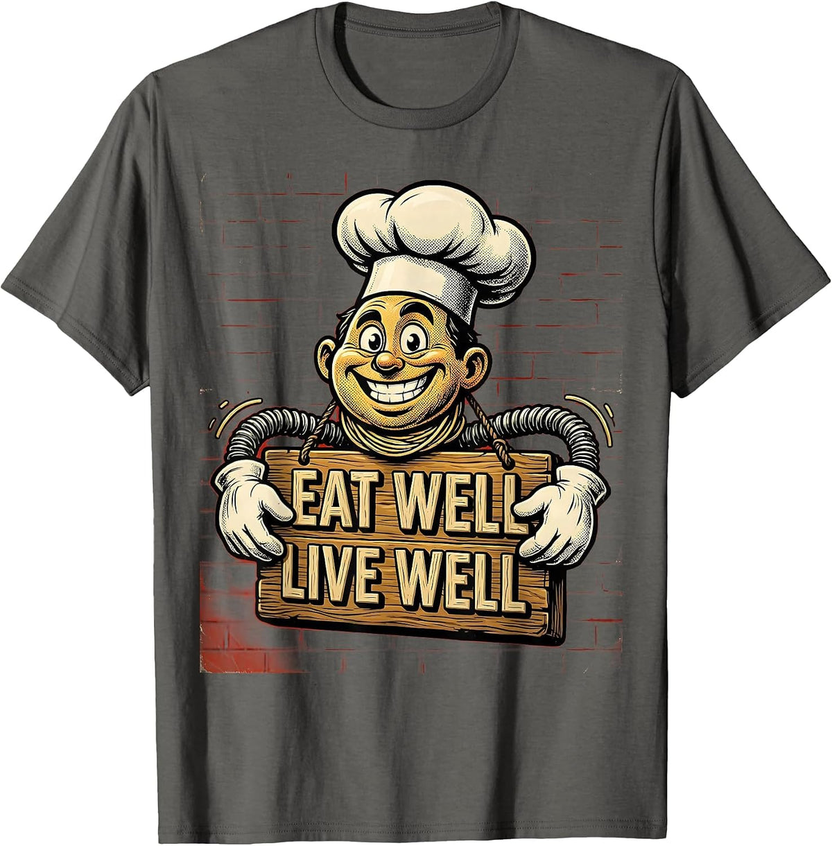 Men's Eat Well Live Well Chef Culinary Design T-Shirt - Asphalt Grey