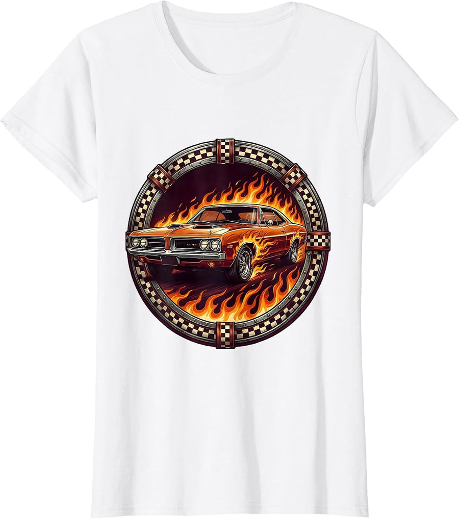 Women's Vintage Muscle Car Racing Flames Graphic T-Shirt - White