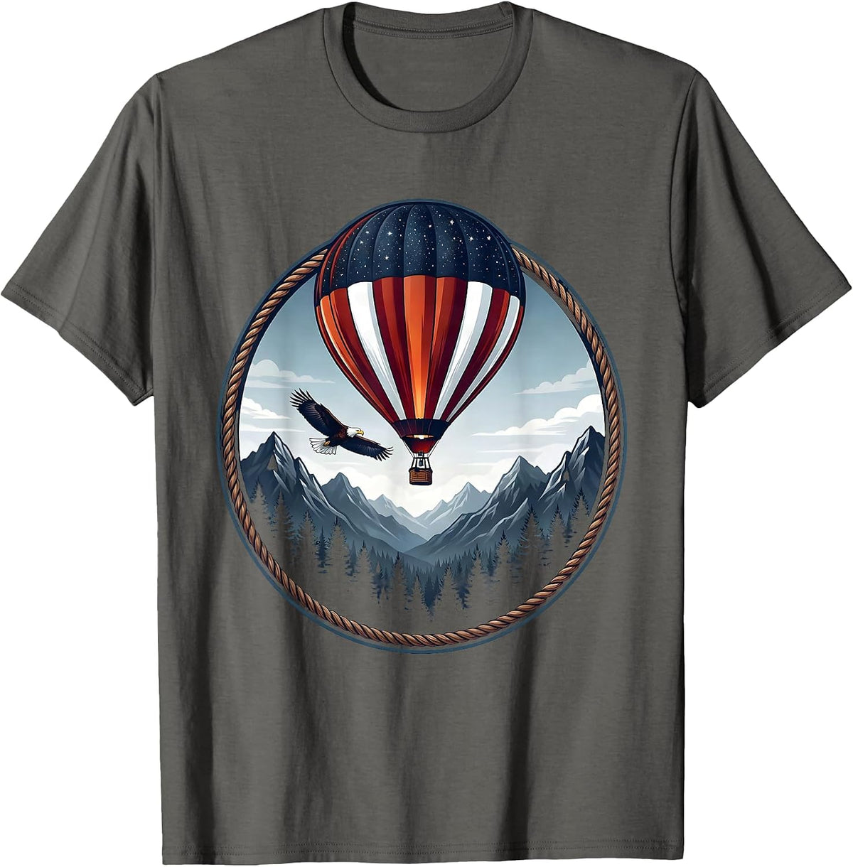 American Flag Hot Air Balloon Patriotic Graphic T-Shirt - Asphalt Grey