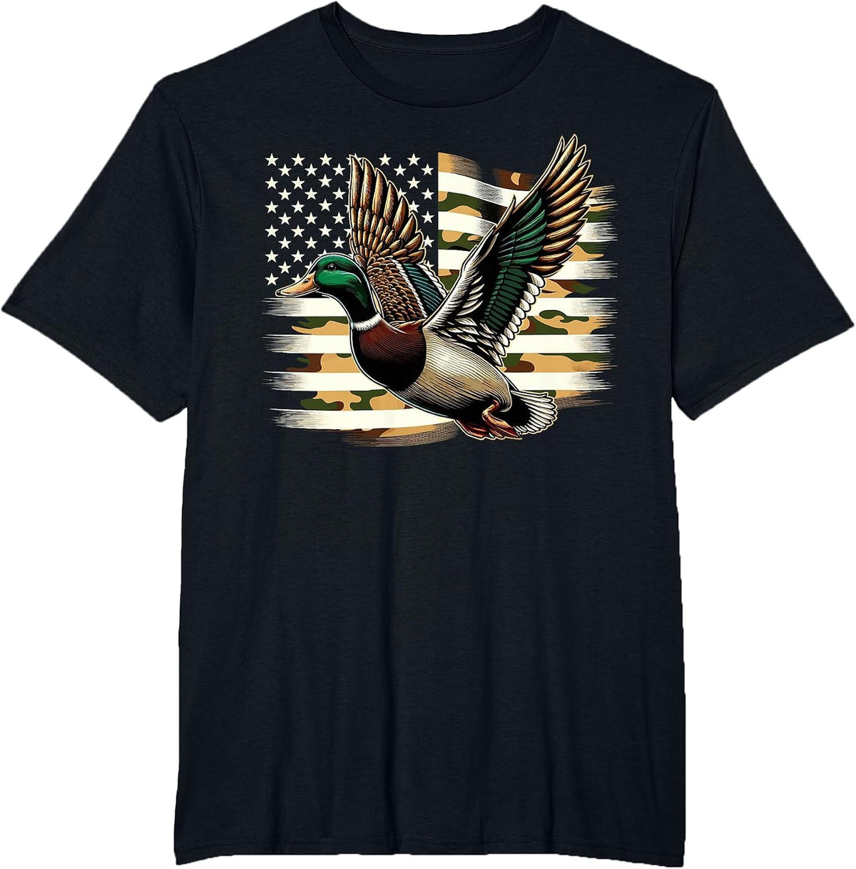 Duck Hunter Camouflage American Flag Hunting T-Shirt - Black