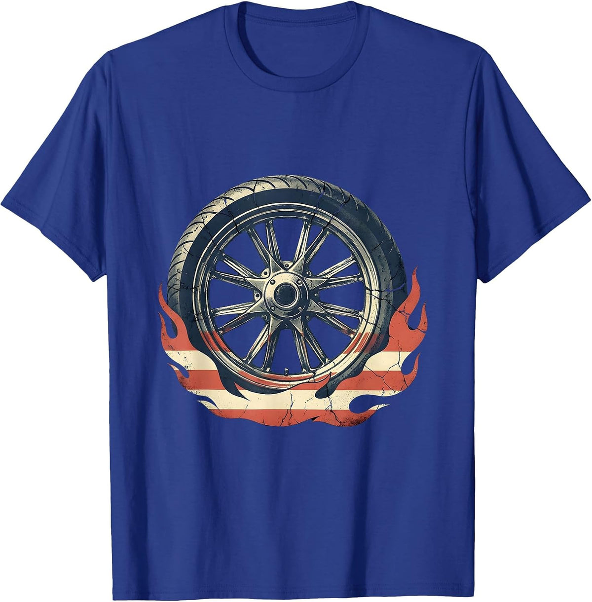 Men's Patriotic Motorcycle Wheel Flag Flame Graphic T-Shirt - Royal Blue