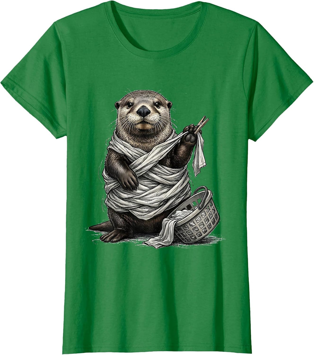 Tangled Sea Otter Hand-Sketched Funny Otter Lover Gift T-Shirt - Kelly Green