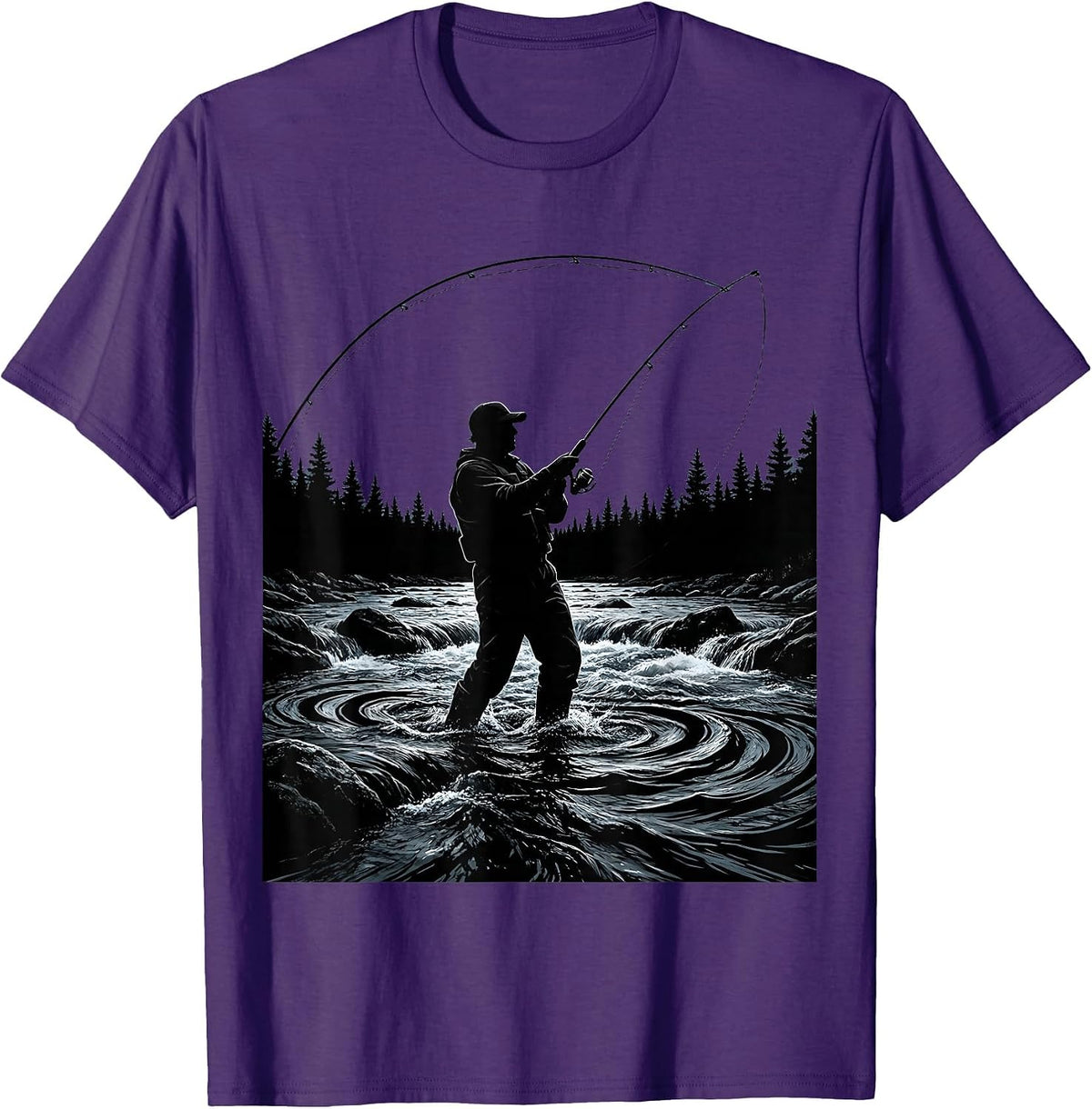 Fly Fishing Waders in River Graphic T-Shirt - Purple