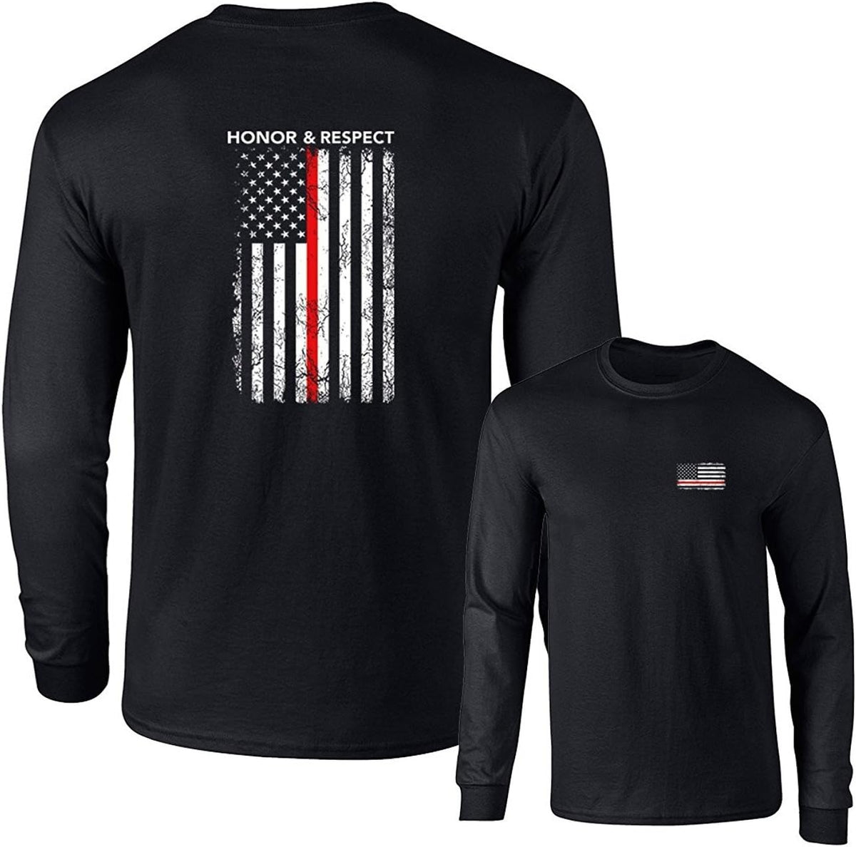 Honor Respect U.S. Flag Red Line Firefighter Long Sleeve T-Shirt - Black