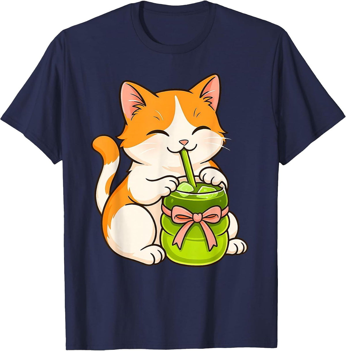 Cute Cat Drinking Matcha Japanese Tea Kawaii Cat Graphic T-Shirt - Navy Blue