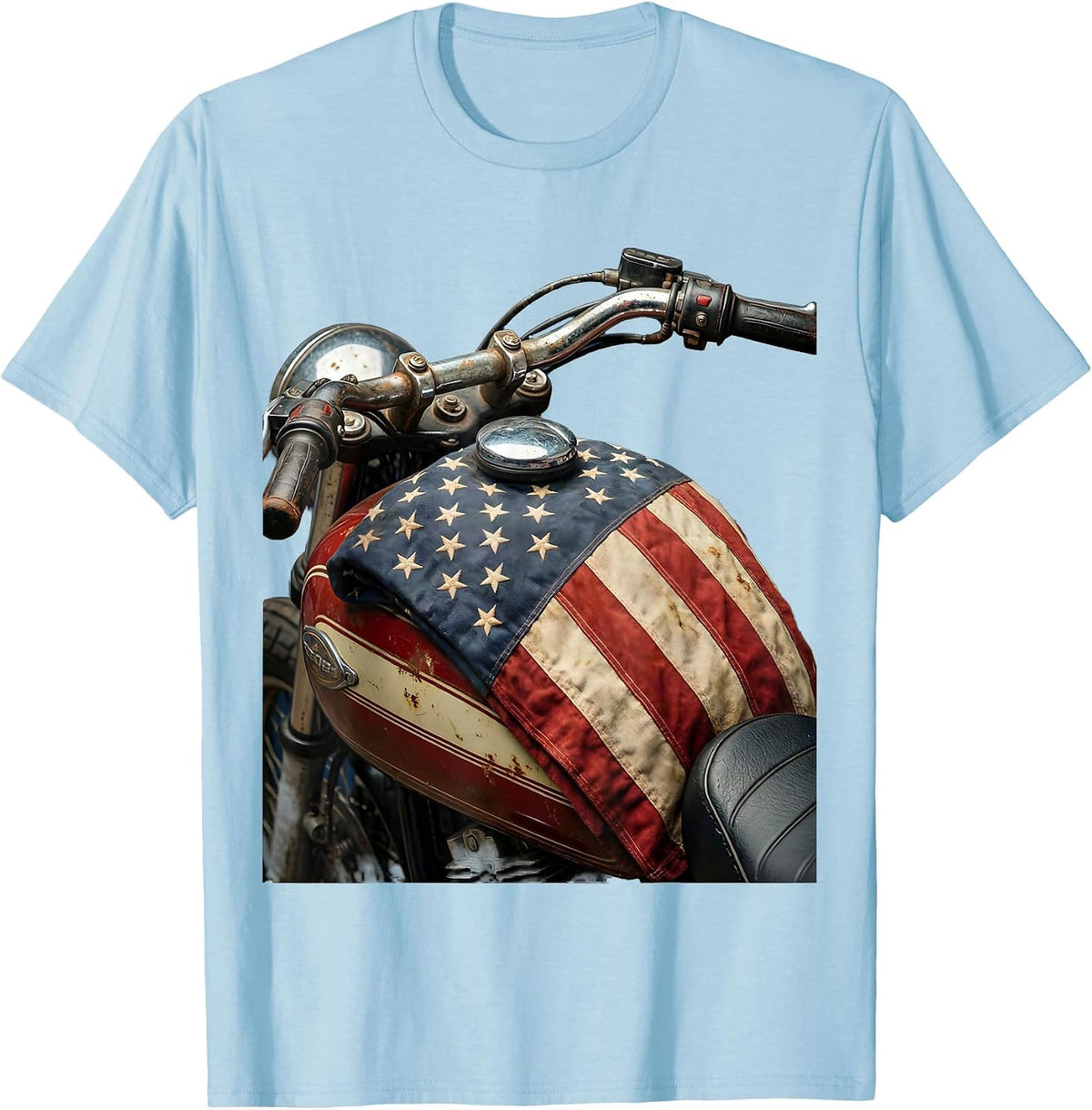 Men's American Flag Draped Motorcycle Gas Tank T-Shirt - Baby Blue