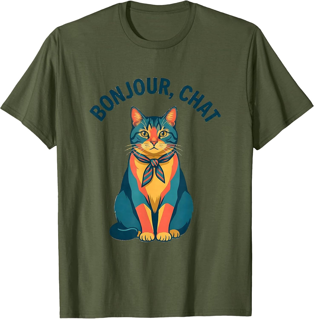Men's Bonjour, Chat Funny Francophile Cat Owner French Teacher T-Shirt - Olive Green