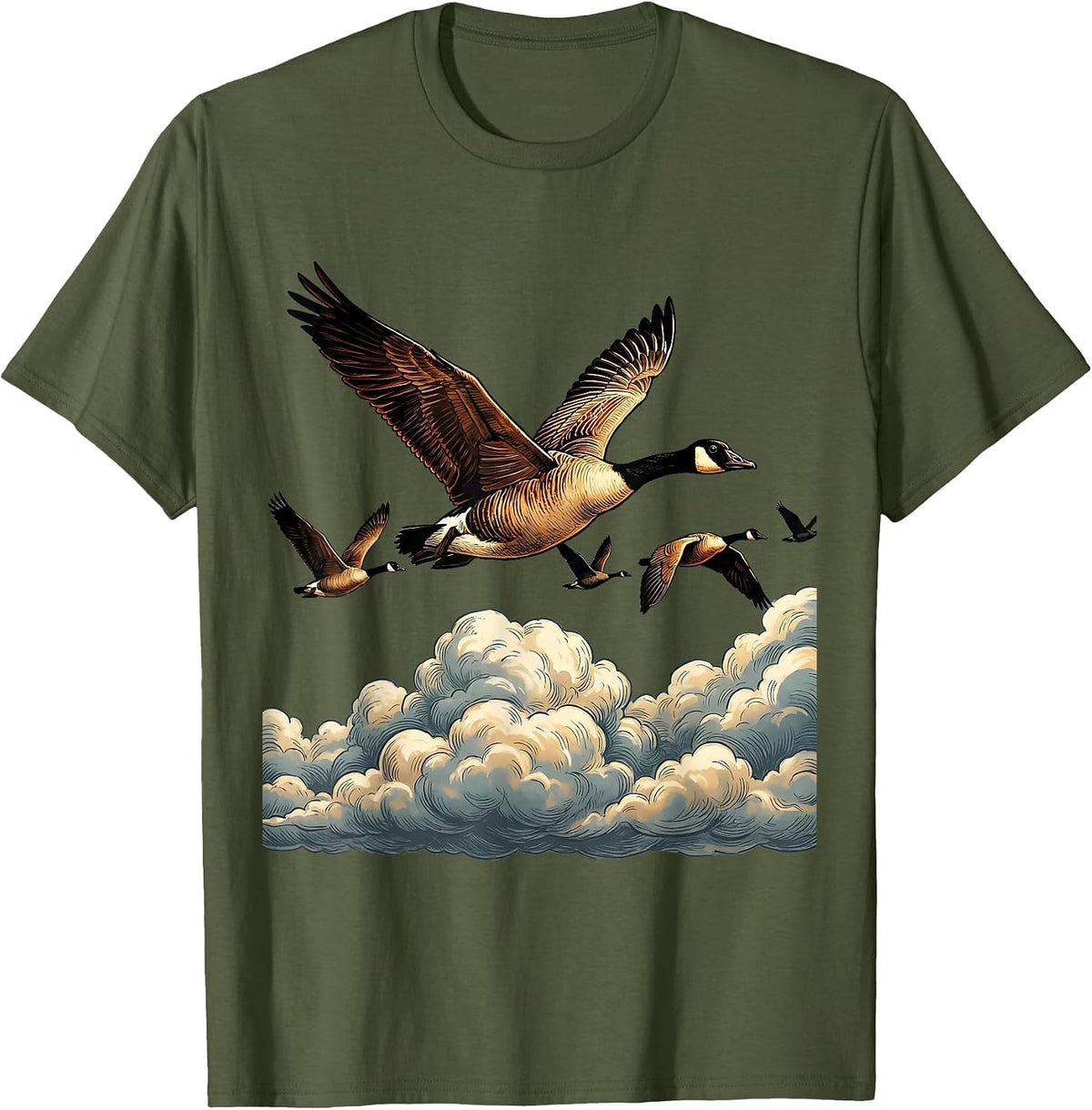 Geese V-Formation Flight Above the Clouds T-Shirt - Olive Green