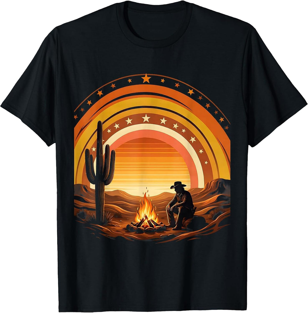 Men's Cowboy Campfire Starry Night Illustration T-Shirt - Black
