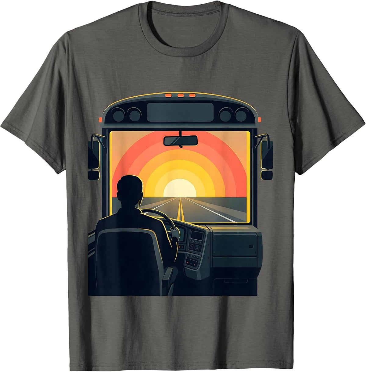School Bus Driver Silhouette Sunrise Road Graphic T-Shirt - Asphalt Grey