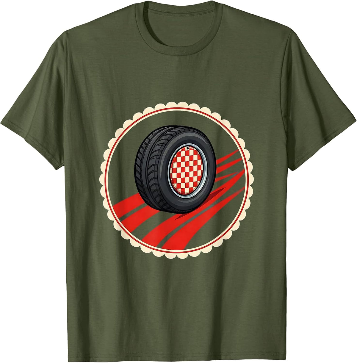 Men's Race Car Wheel Checkered Burnout Graphic T-Shirt - Olive Green