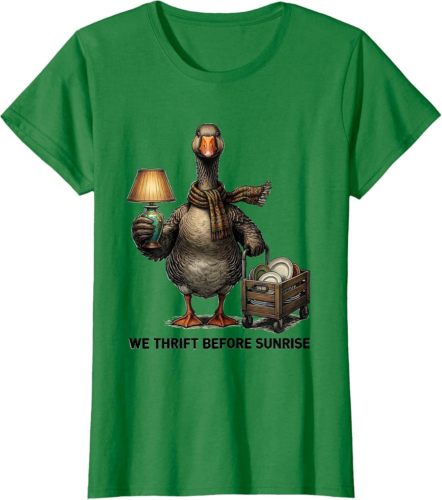Women's We Thrift Before Sunrise Funny Goose Thrifting Vintage T-Shirt - Kelly Green