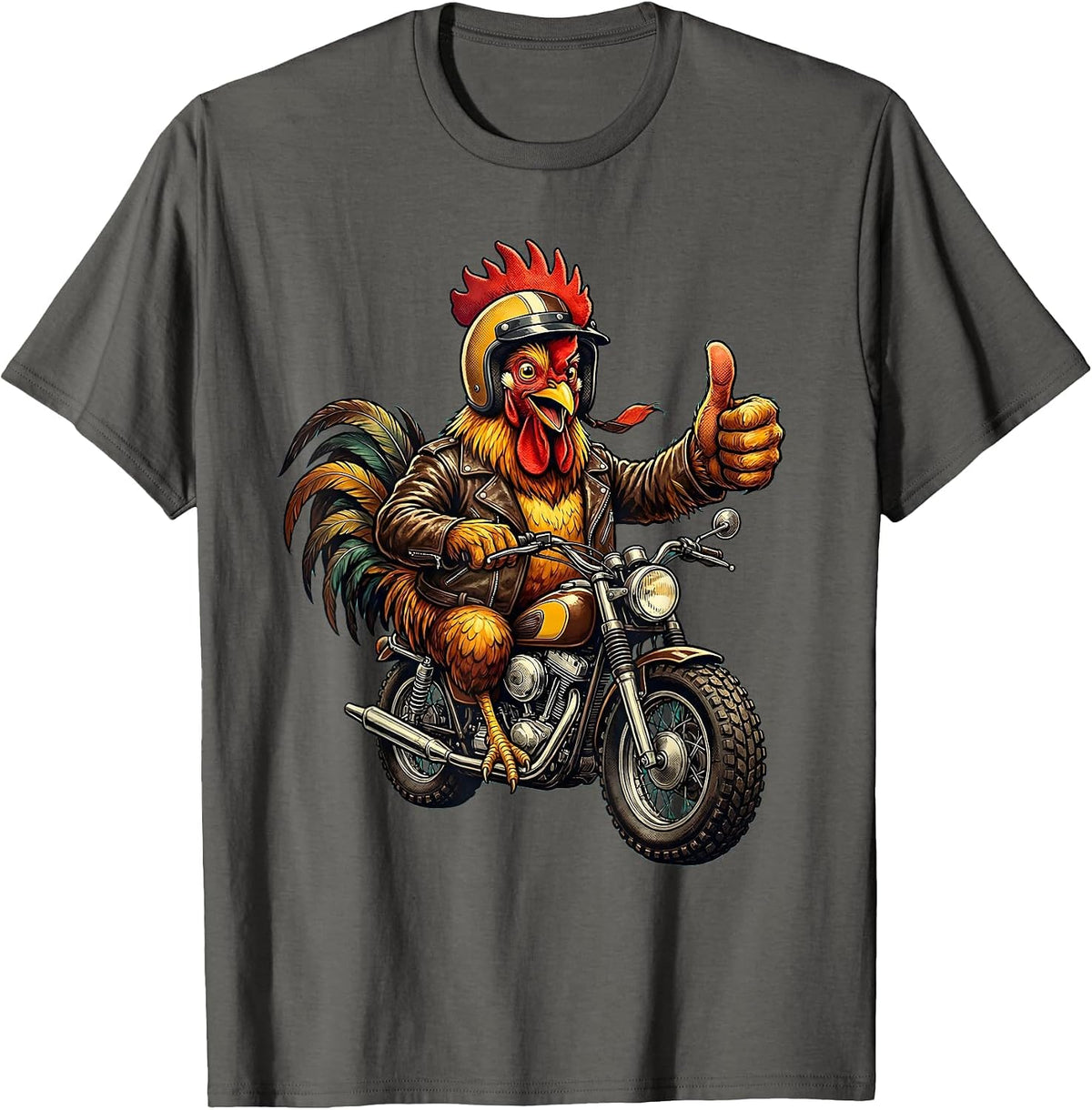 Men's Chicken Riding a Vintage Motorcycle Graphic T-Shirt - Asphalt Grey