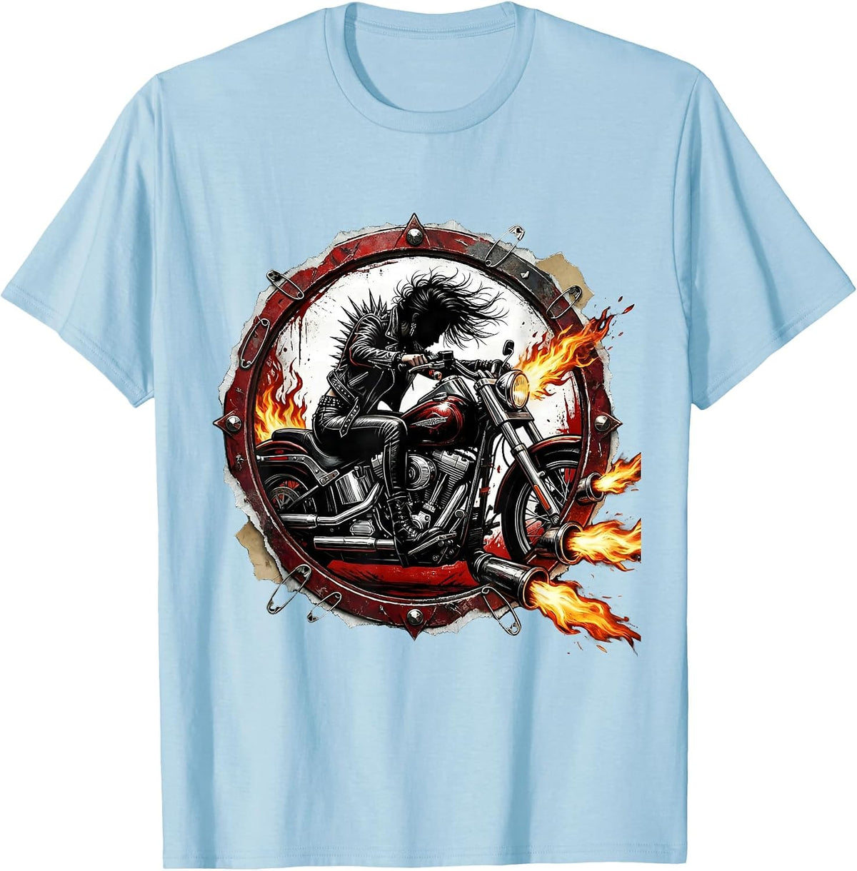 Men's Leather Jacket Biker Rider Motorcycle Graphic Tee T-Shirt - Baby Blue