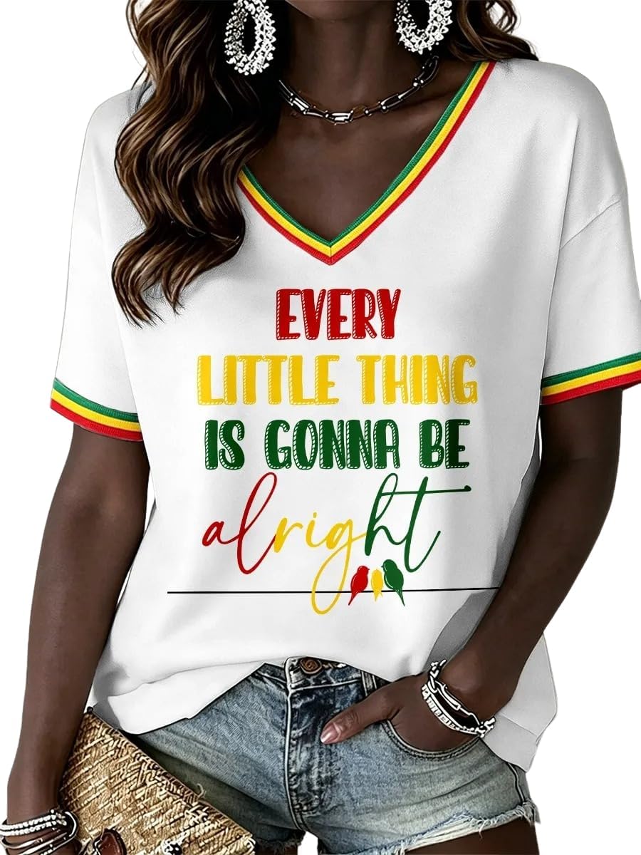 Women's Reggae Music V-Neck T-Shirt Juneteenth 1865 Every Little Thing is Gonna Be Alright Tshirt - White
