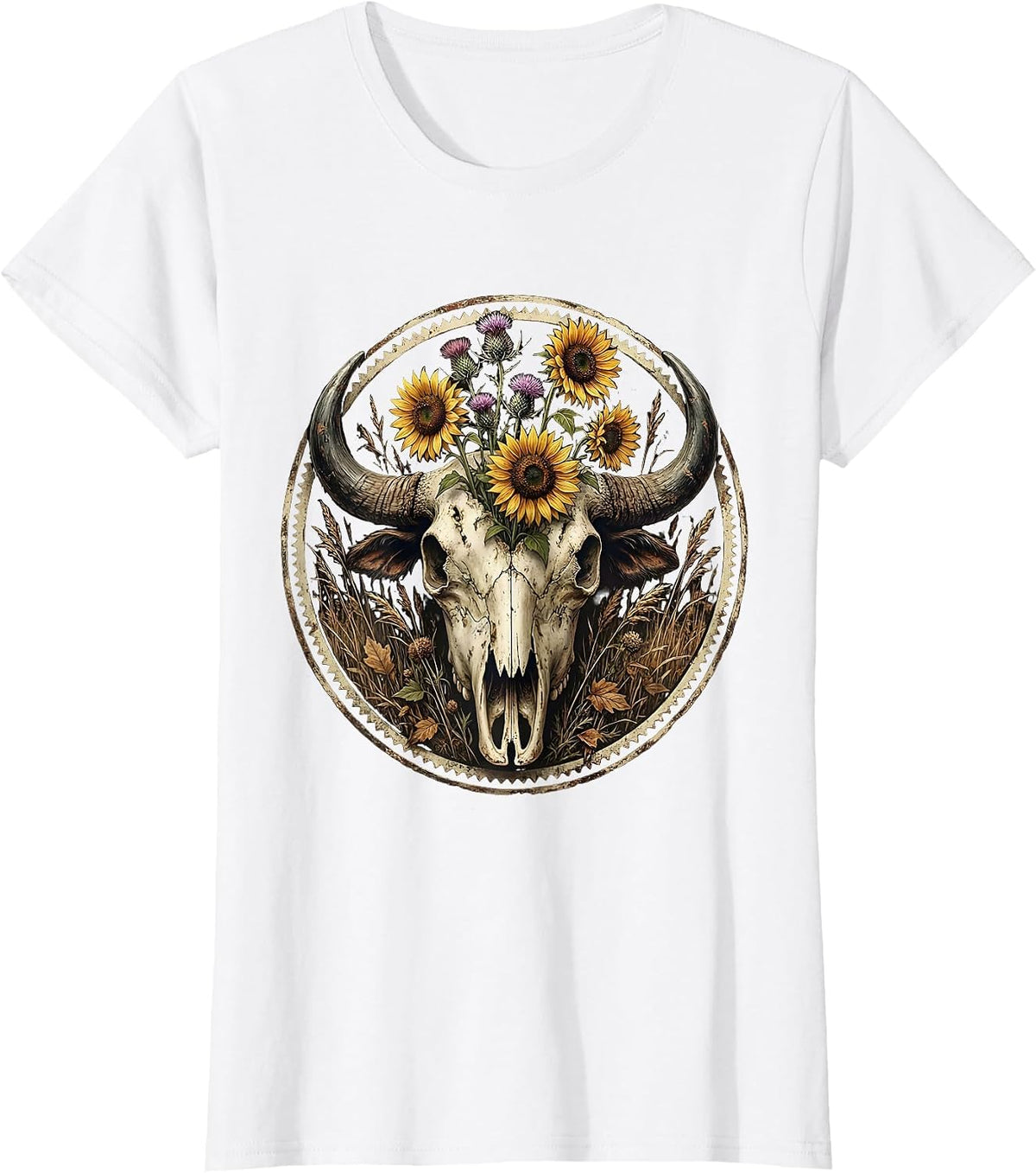 Buffalo Skull Wildflowers Freedom Graphic Design T-Shirt - White