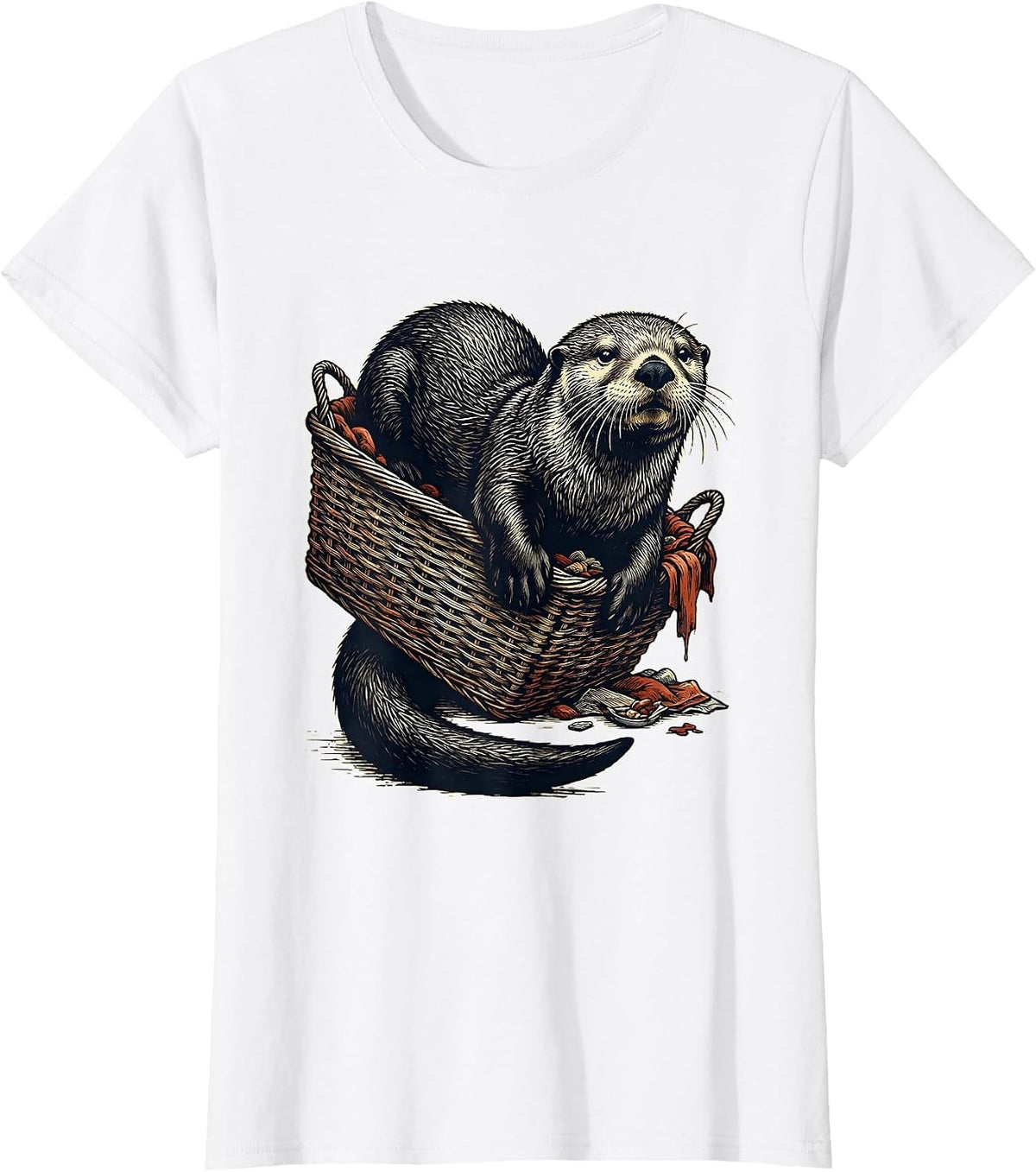 Women's Sea Otter Linocut Funny Otter Lover Gift T-Shirt - White