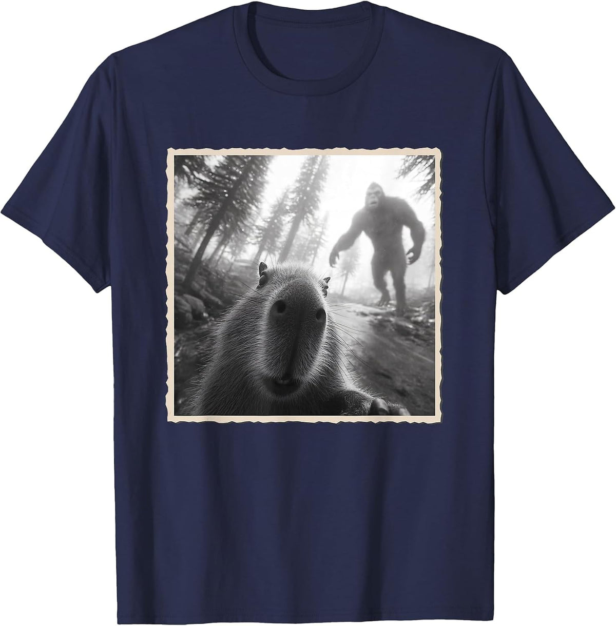 Capybara Scared Selfie with Bigfoot & Funny Sasquatch T-Shirt - Navy Blue
