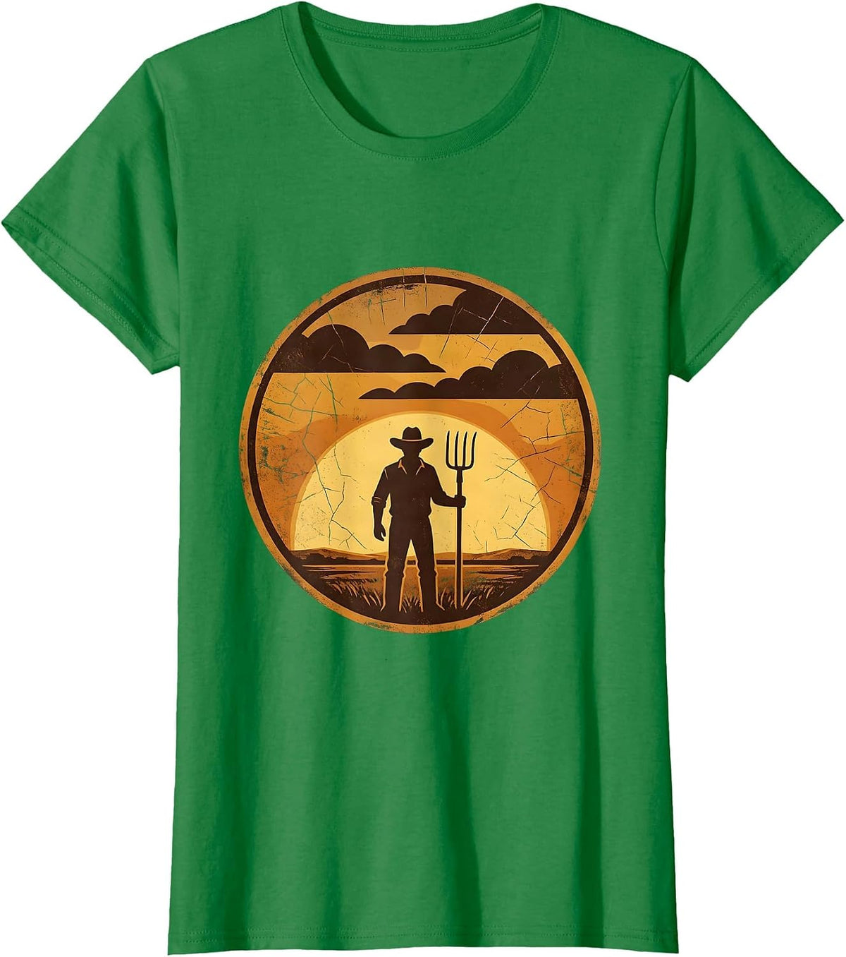 Women's Nebraska Farmer Storm Sky Silhouette Design T-Shirt - Kelly Green