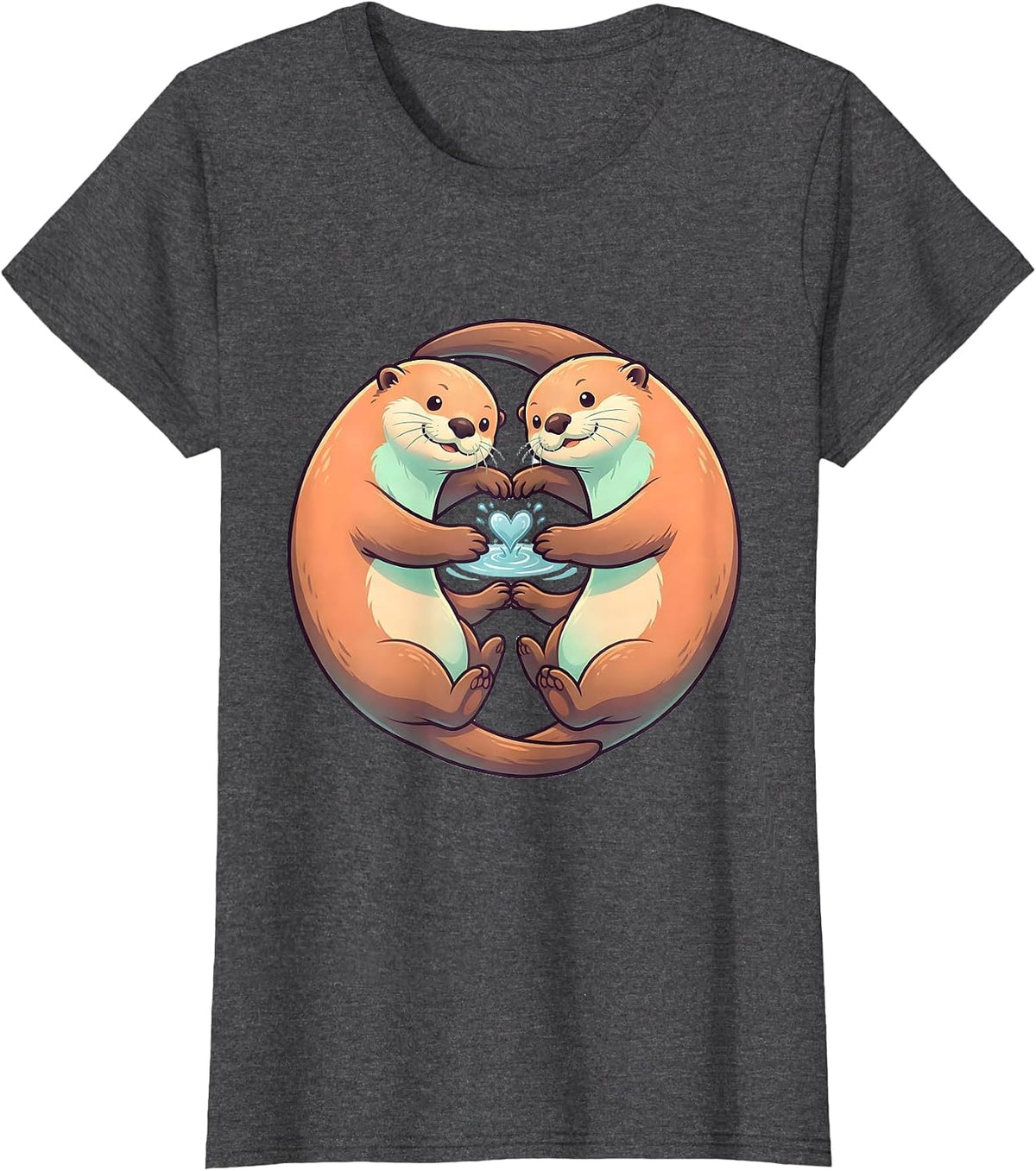 Women's Rounded Sea Otters Cute Kawaii Couple Valentine T-Shirt - Dark Heather Grey