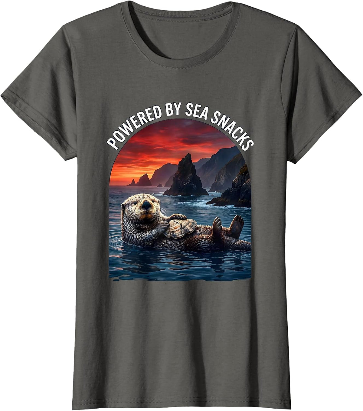 Women's Powered by Sea Snacks Sea Otter Design T-Shirt - Asphalt Grey