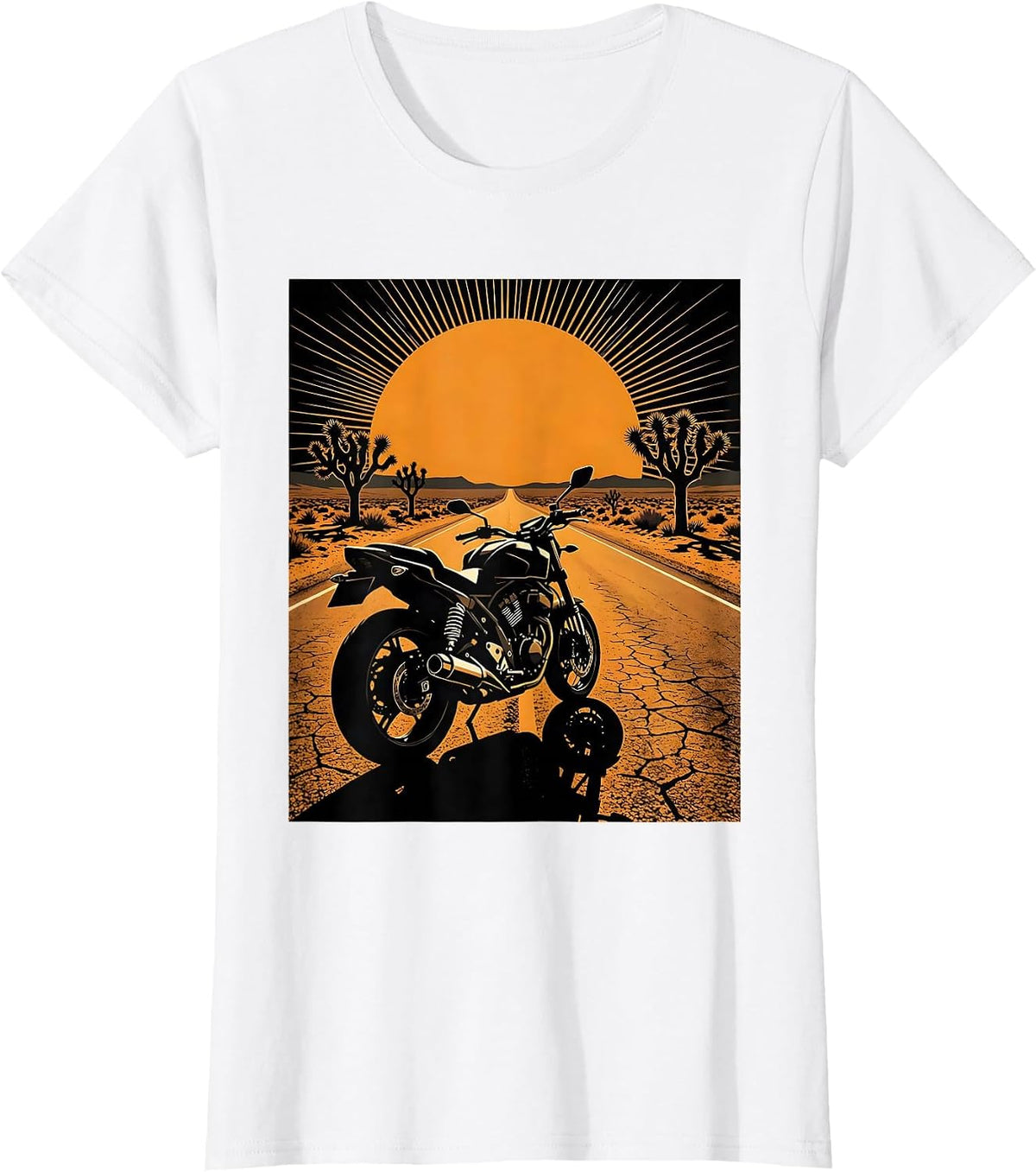 Lone Motorcycle Desert Highway Dusk Biker Graphic T-Shirt - White