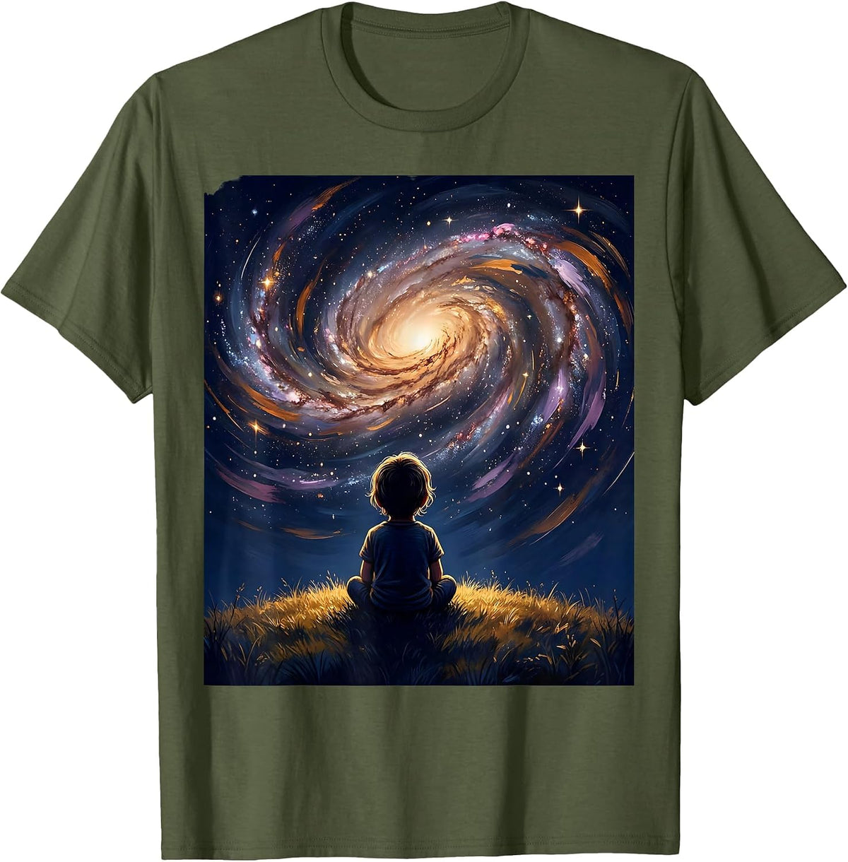 Autism Awareness Child Gazing at Galaxy Design T-Shirt - Olive Green